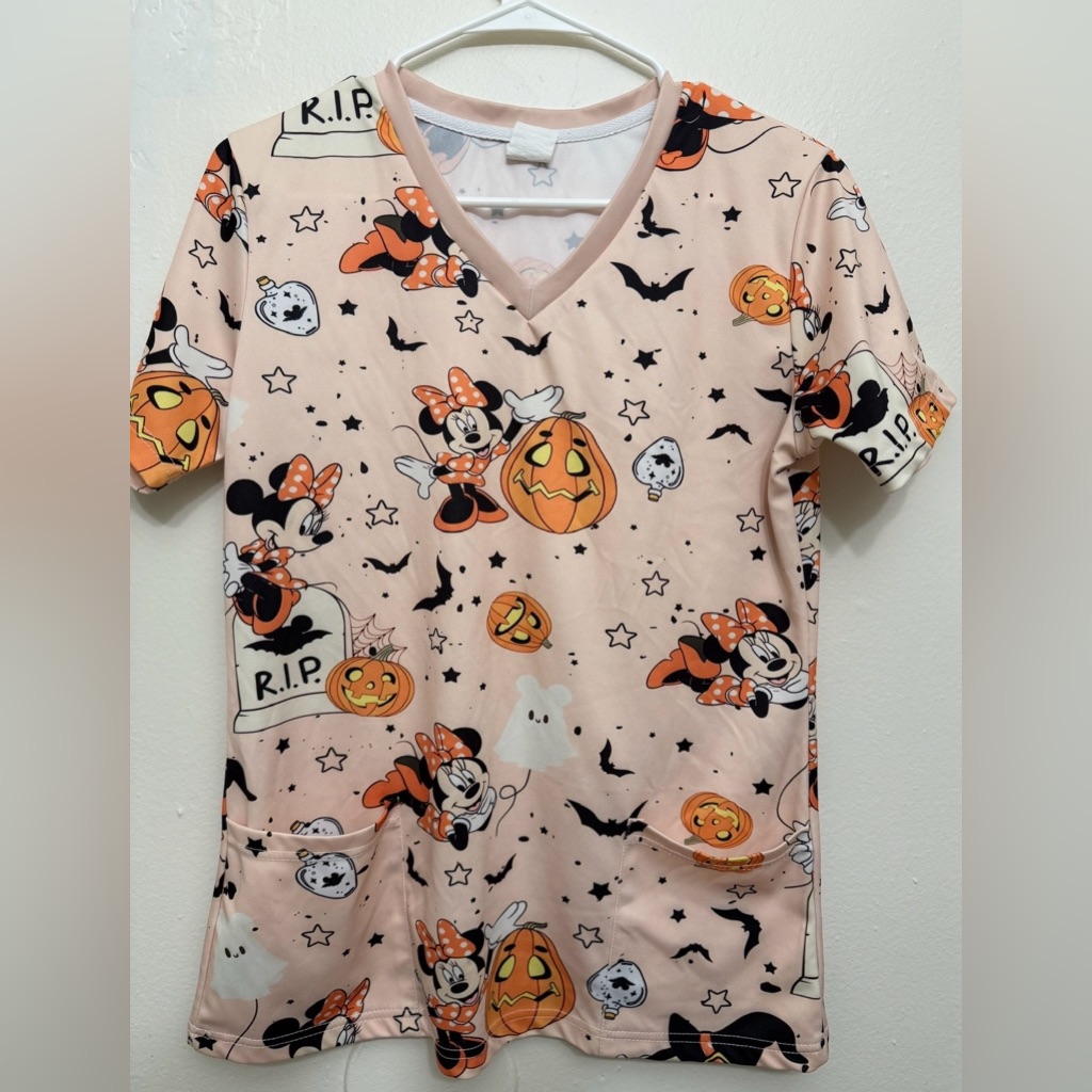 Halloween Themed Scrub Top With Cartoon Characters